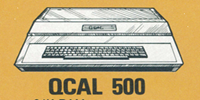 Vintage computer setup featuring a built-in keyboard main unit resting beneath a large Mastone CRT monitor stand, flanked by a standalone QCAL external disk drive box.